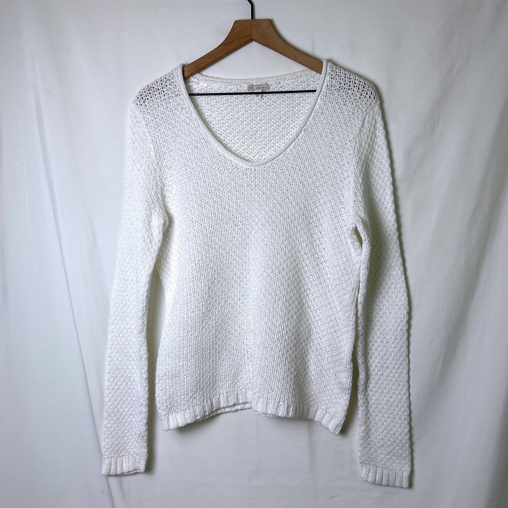 Gap Womens Roll Neck Open Knit V-Neck Crochet Sweater Size L White Cotton Beach